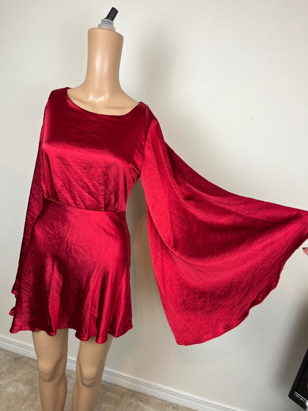 NWT Do+Be Red Satin Mini Dress with Bell Sleeves, Size Small